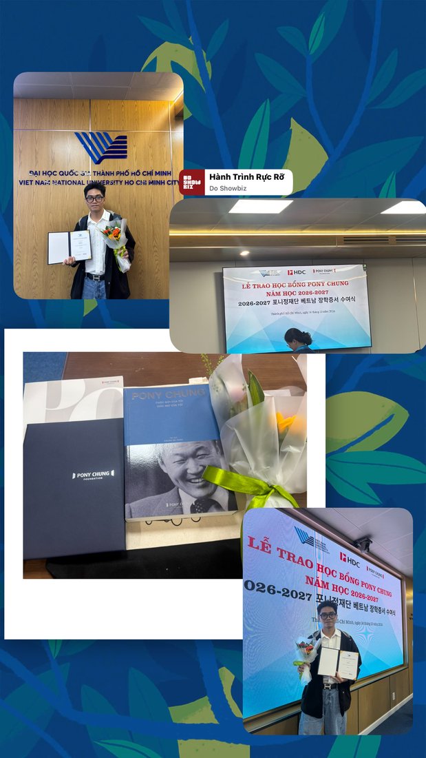 A collage of the Pony Chung scholarship ceremony, certificate, flowers, and gifts